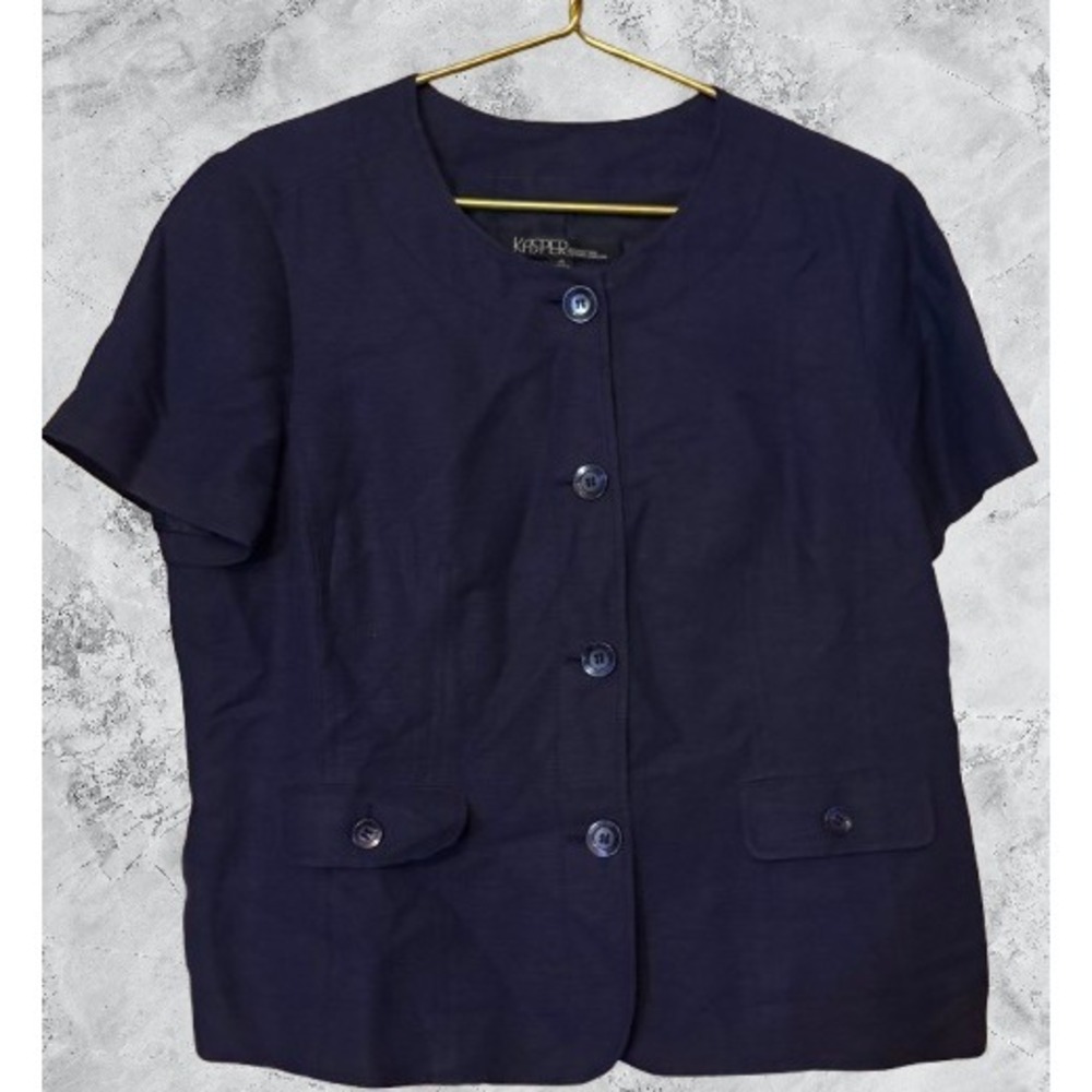 Kasper Essential Sportswear Navy Blue Linen Blend Short Sleeve Blazer Jacket 16